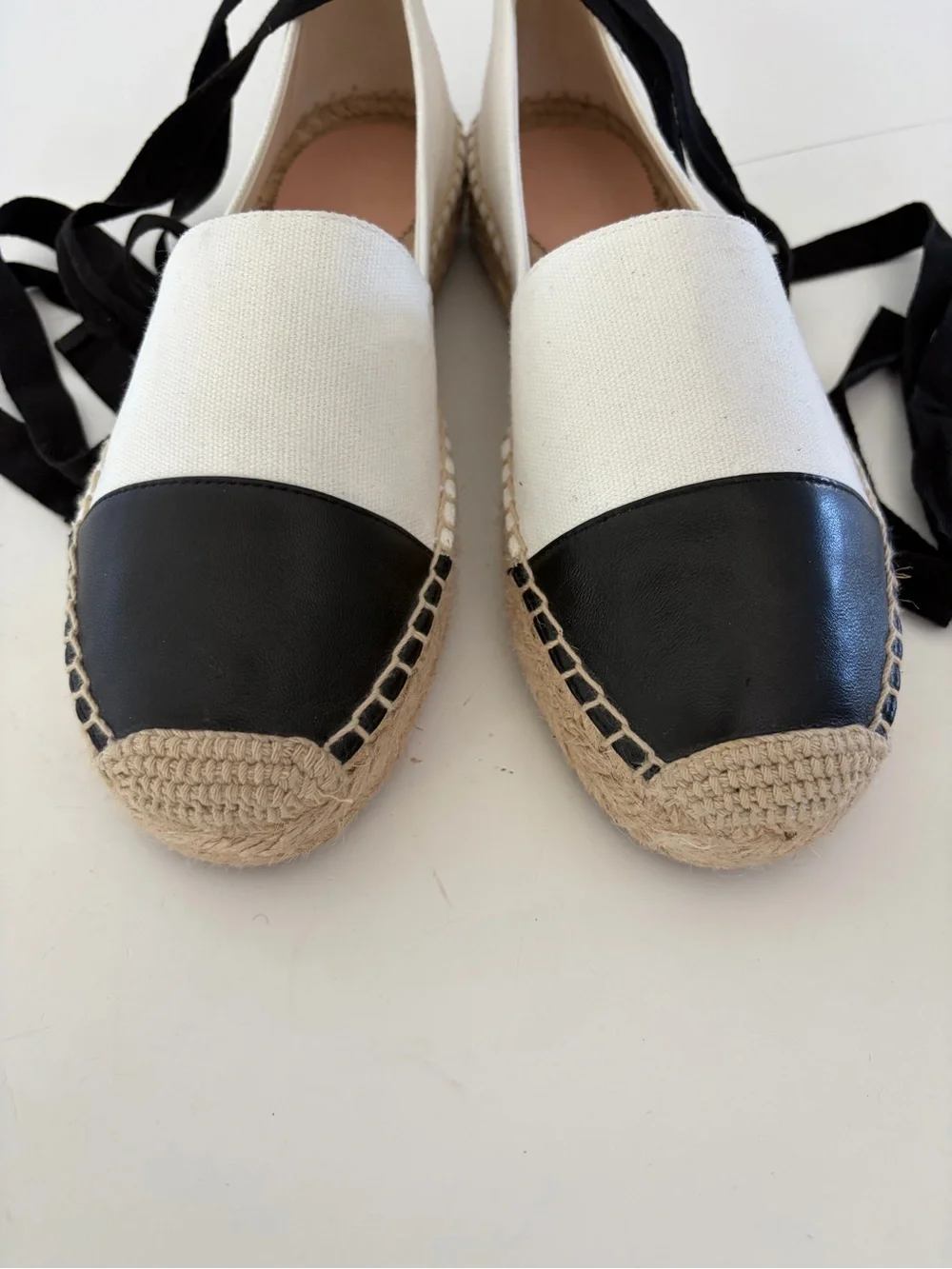 J. Crew Ivory Canvas Black Leather Cap Toe Ankle‎ Wrap Slip-On Espadrille Flats